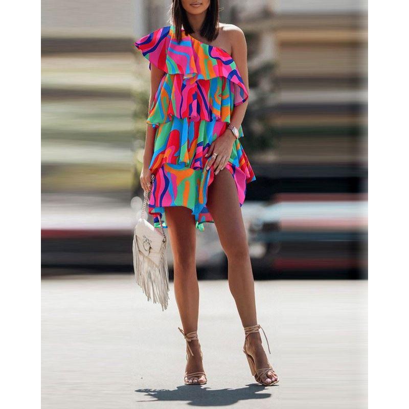 Casual Printed Dress Oblique Shoulder Ruffles