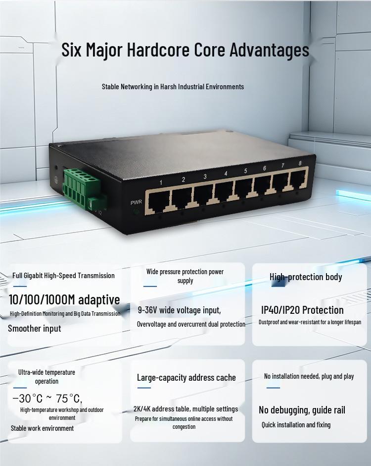 Industrial Gigabit Switch with 2K/4K Address Table: 5-Port/8-Port Plug & Play Network Splitter Hub