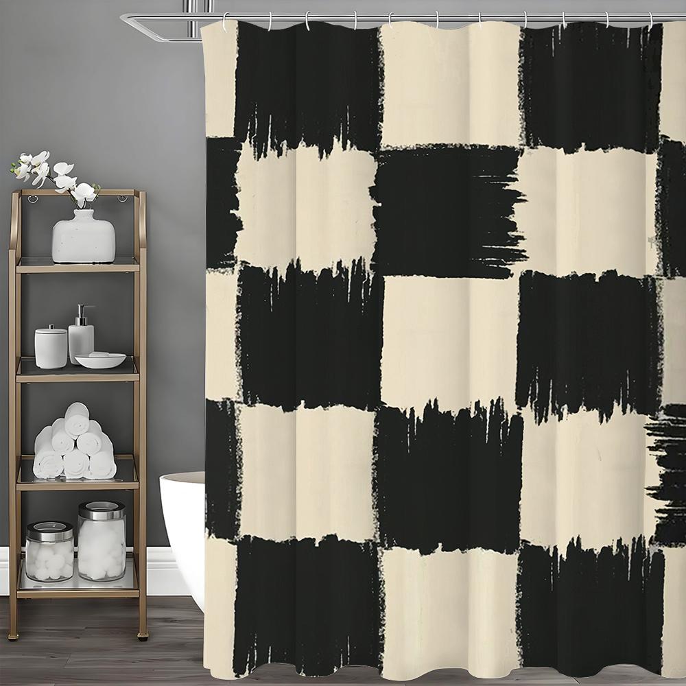 Irregular Square Textured Black Apricot Shower Curtain, Bathroom Decorative Shower Curtain, Waterproof Shower Curtain with Hooks