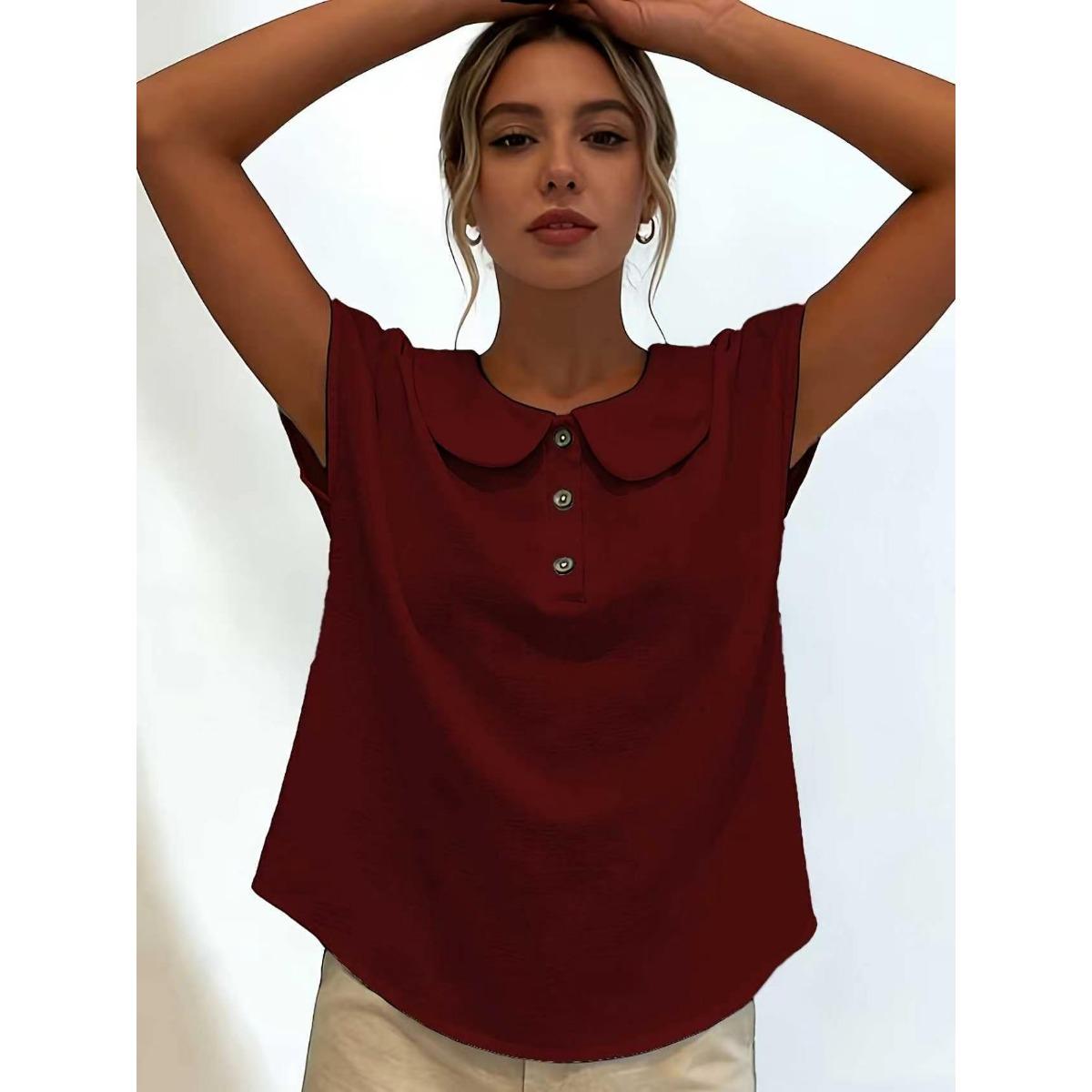 

Summer Solid Color Short Sleeve Lapel Button Women s Shirt Blouse, European & American Style Crossbody Women s Top for JOOM Amazon XXL темно-червоний колір