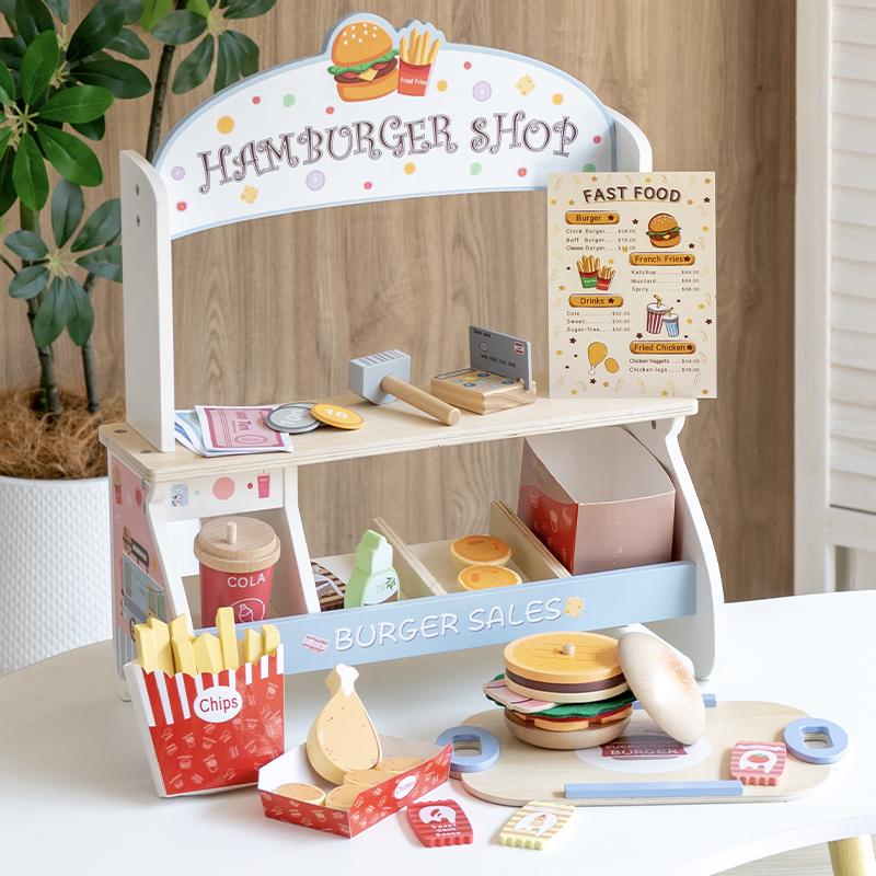 Wooden Burger Restaurant Kitchen Toy Set - Simulation Food and Doll House Accessories for Girls