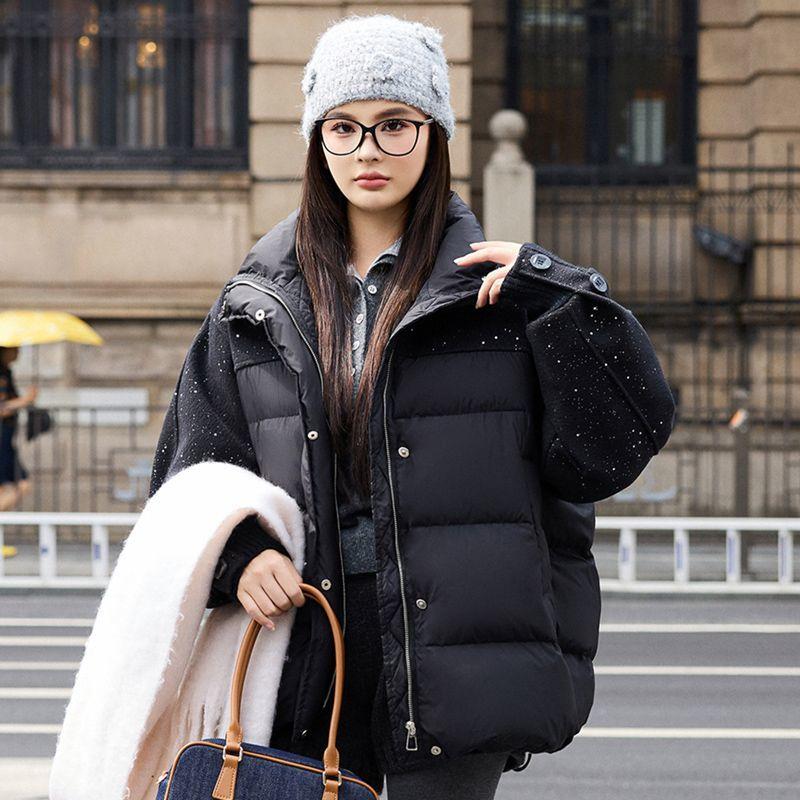 

Зимнее пальто пэчворк с блестками и воротником-стойкой для женщин в европейском стиле, теплая стеганая куртка, модный дизайн XXL чёрный