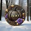 Decoração de Parede de Abóbora Preta de Halloween Rosas Douradas Roxas Teia de Aranha Arte em Metal