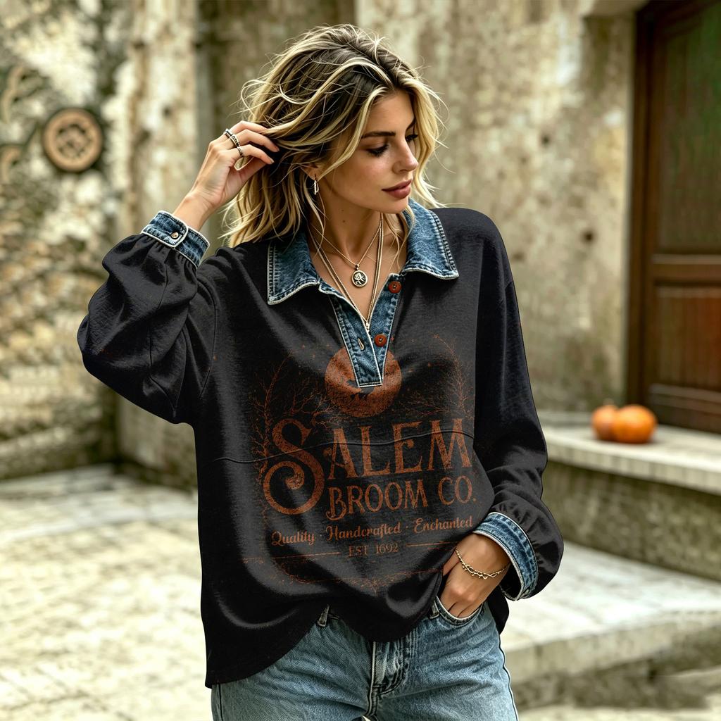 Women's Casual Stylish Long Sleeve Top with Denim Print for Everyday Wear