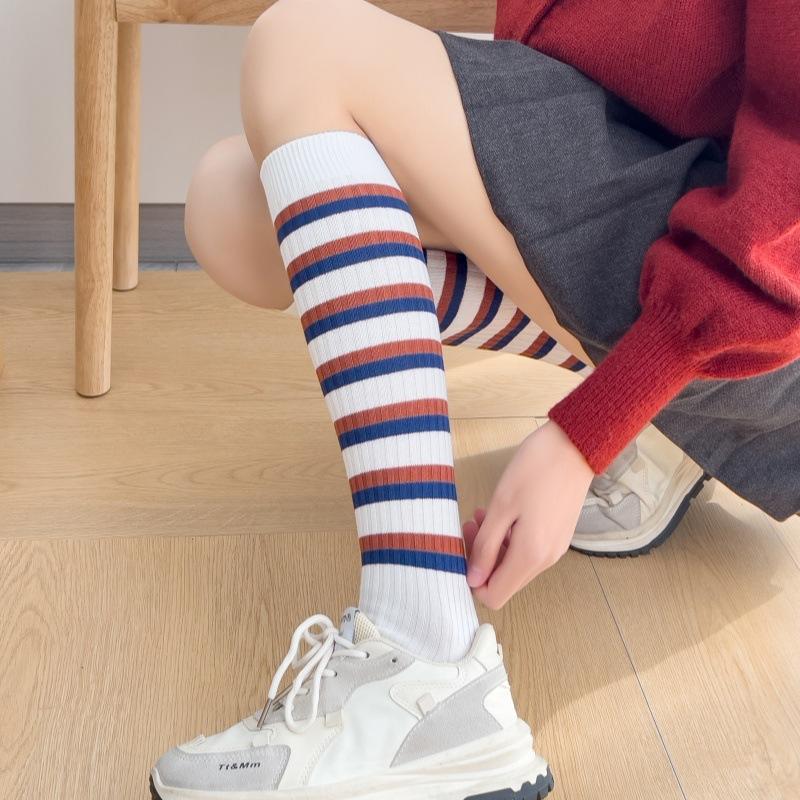 White Double Needle Striped Calf Socks Combed Cotton Japanese Retro Women'S Medium Tube Socks College Cotton Socks