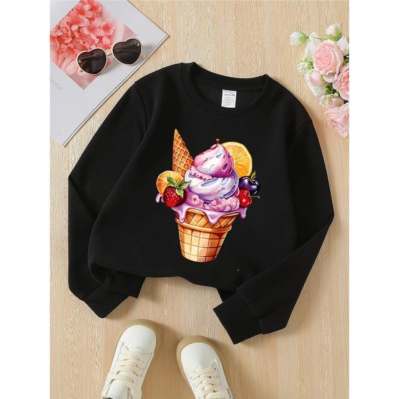 European sizes Girls' Crewneck Sweatshirt - Ice Cream Cone with Fruits & Berries, Soft Comfy Sportswear for Children & Teens