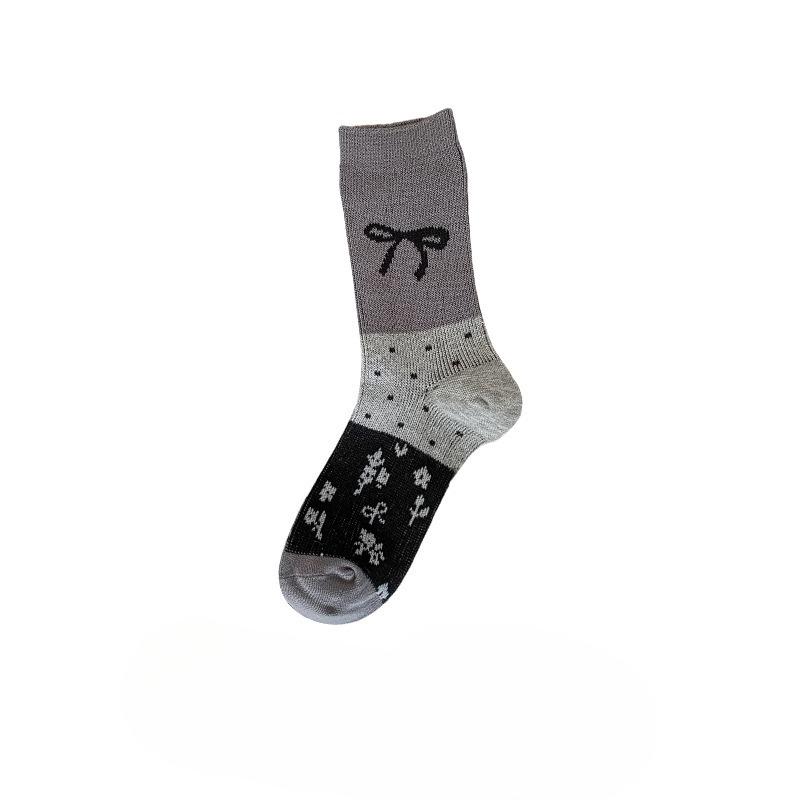 

Носки Dui Dui Женские осенне-зимние цветные носки до середины икры, повседневные ретро-носки с бантом, цветные хлопковые длинные носки 1 pair темно серый