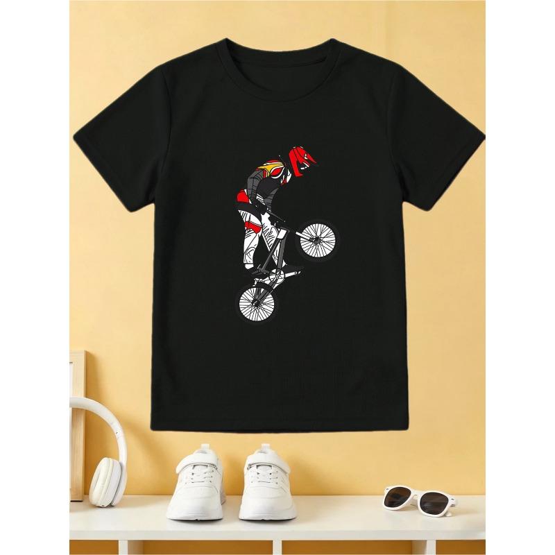 European sizes Boys Crew Neck Short Sleeve T-Shirt, Casual Breathable Tee, Bike Rider Graphic Print, Comfortable Kids Top, Summer Daily Wear