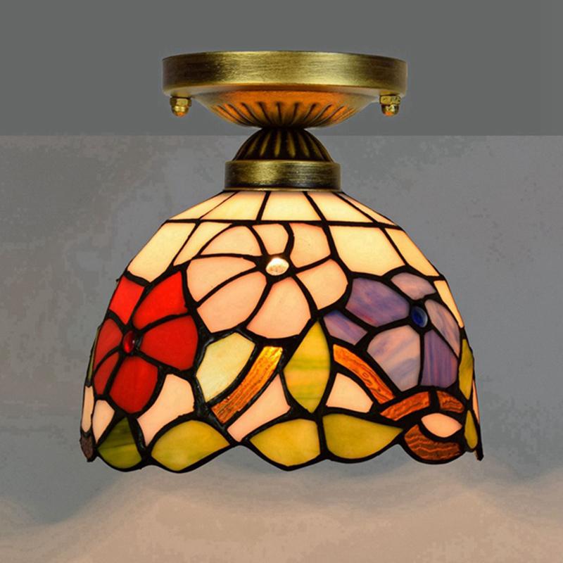 European Stained Glass Ceiling Light - Handcrafted Floral Rose Mosaic, Antique 8Inch Wide Flush Mount for Dining Room/Library