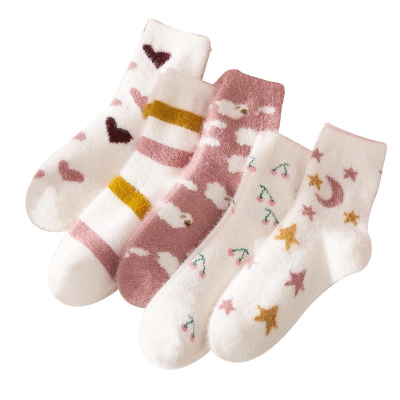 5 pièces chaussettes lisses pour femmes chaussettes en velours de vison femme automne et hiver plus chaussettes à tube épais en velours chaussettes de sol chaudes chaussettes de sommeil en velours corail