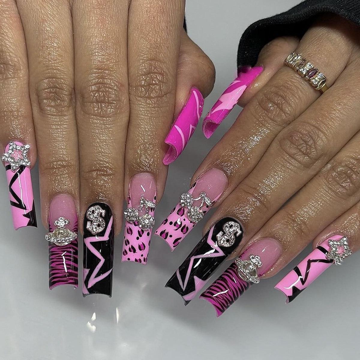 

Y2K Leopard & Star Decorated Long Coffin French False Nails