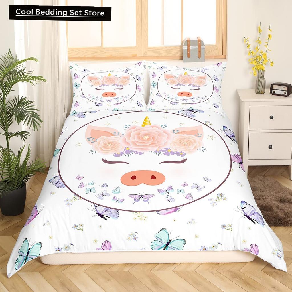 Cartoon Kawaii Pig King Queen Duvet Cover Happy Farm Animal Bedding Set Pink Piggy Quilt Cover 2/3pcs Polyester Comforter Cover