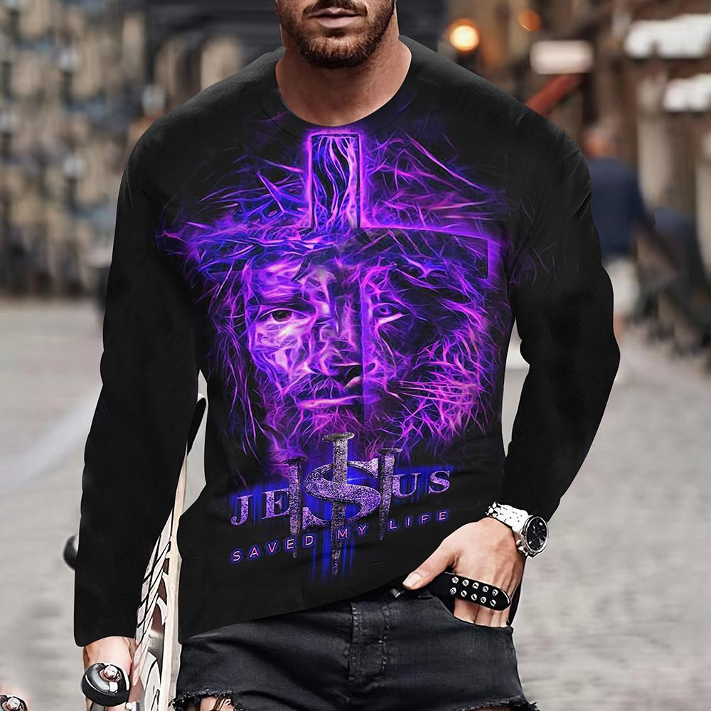 Fashion Jesus Cross Pattern T Shirt For Men 3D Lion Print Long Sleeve T-shirt Hip Hop Trend Vintage Clothes Oversized Cotton Top