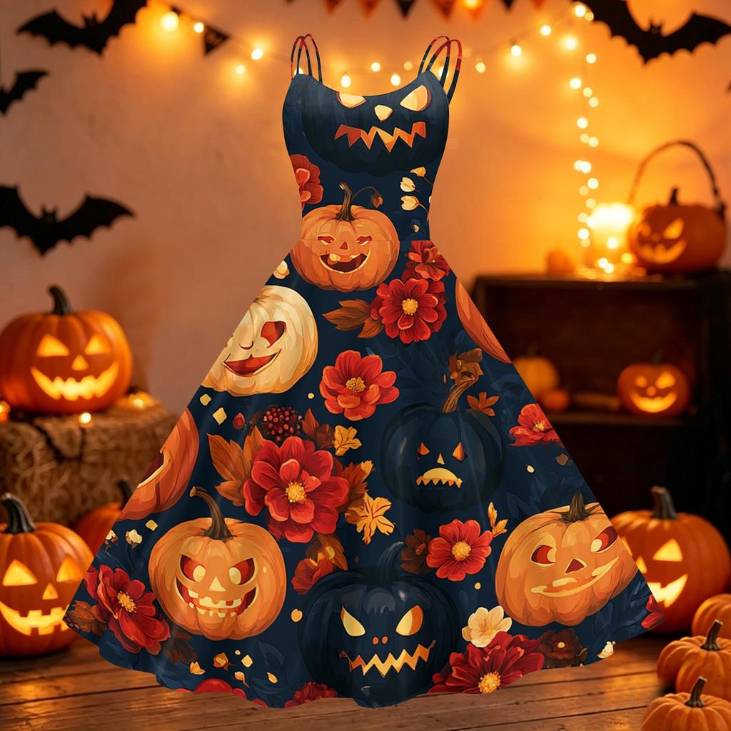 Womens Halloween Print Off Shoulder Dress Vintage Punk Party Dress Flared Skirt Sleeveless A Line Dress