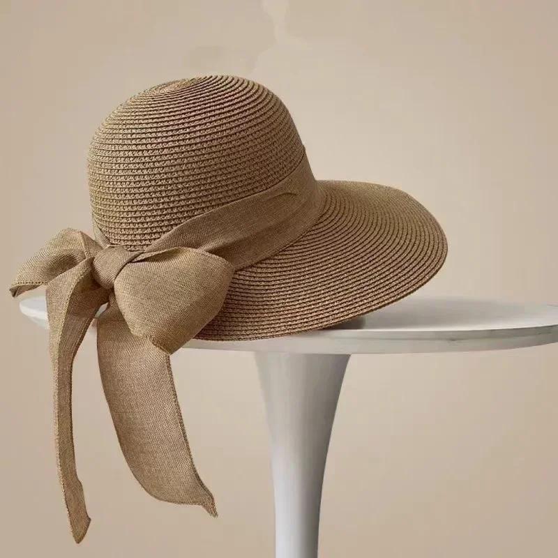 

Korean Style Summer Sun Protection Woven Women S Straw Hat Bow Tie Elegant Beach Hat Large Brim Sun Hat for Vacation Sun Hat One Size хакі