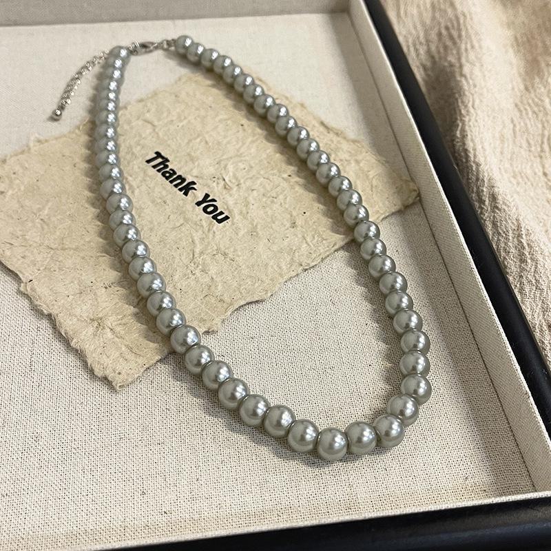 Pink & Gray Glass Pearl Necklace Autumn Winter Style for Women Sweater Chain with Air Texture Pearl Neck Chain