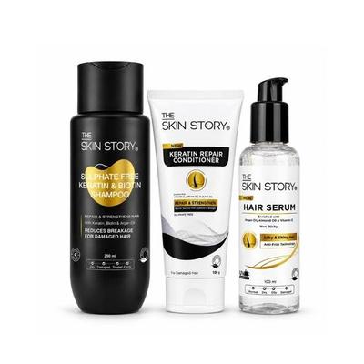 The Skin Story Keratin Shampoo Conditioner UV Protection Hair Serum Combo Kit Pack | Repairs, Nourishes, & Tames Frizz| For All Types Hair