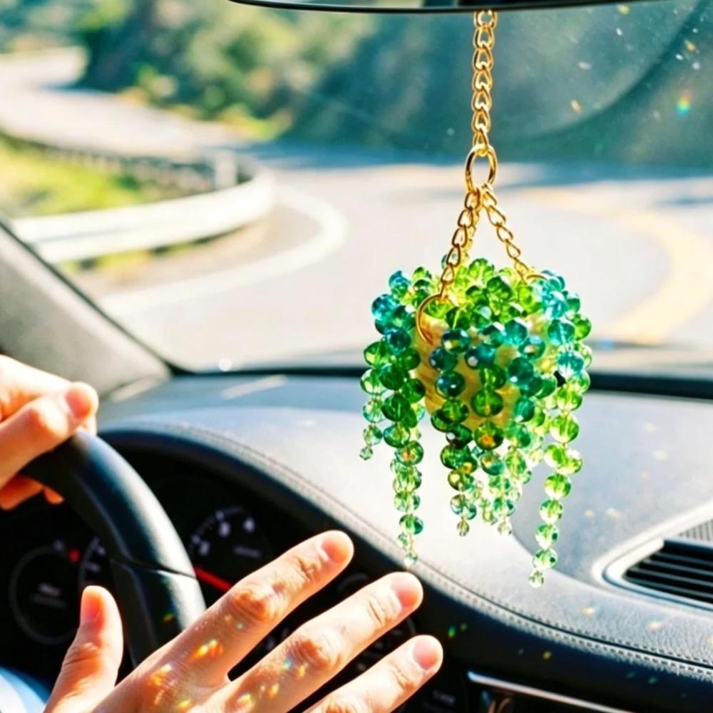 Handmade Beaded Terracotta Suncatcher, String of Pearls Car Charm, Crystal Rearview Mirror Hanging Ornament, Boho Plant Decor