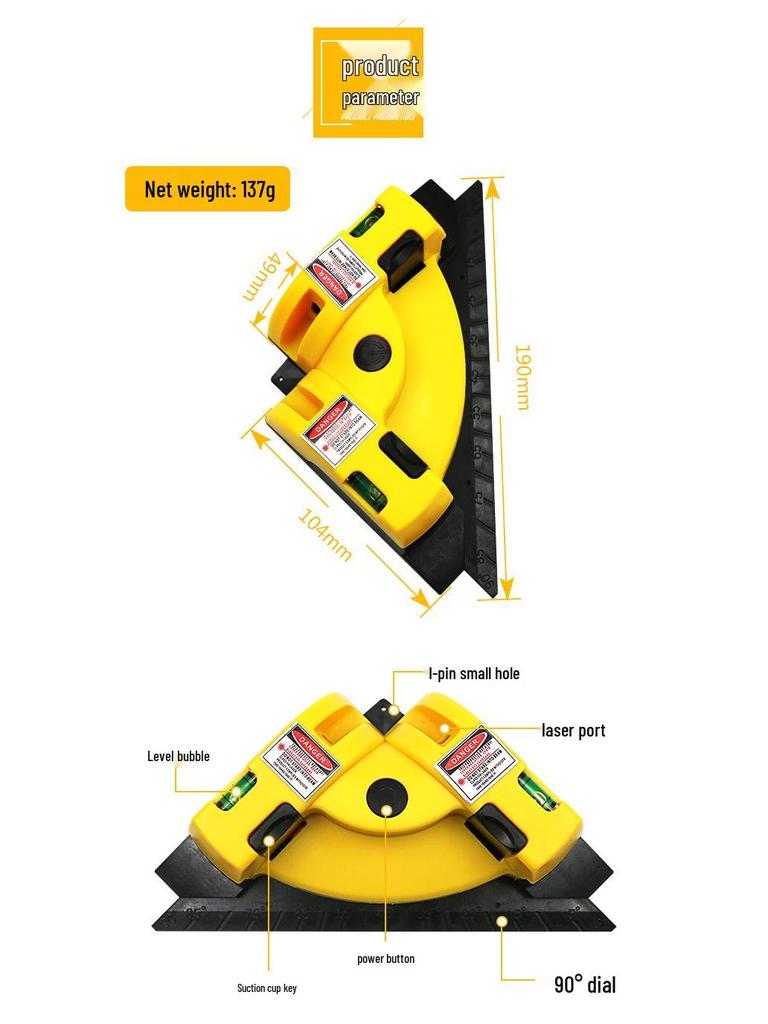 Unealtă de montat plăci la 90°: Nivel pentru plăci de perete, Unghiometru laser, Ghid de linie unghi drept