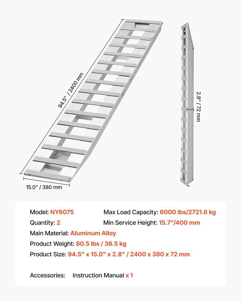 Loading Ramps, 2 Pcs 2400 X 380 Mm, Durable Aluminum and Heavy-Duty Trailer Ramp Set with Anti-Slip Plates, 2721.6 Kg Combined Capacity, for Carts,