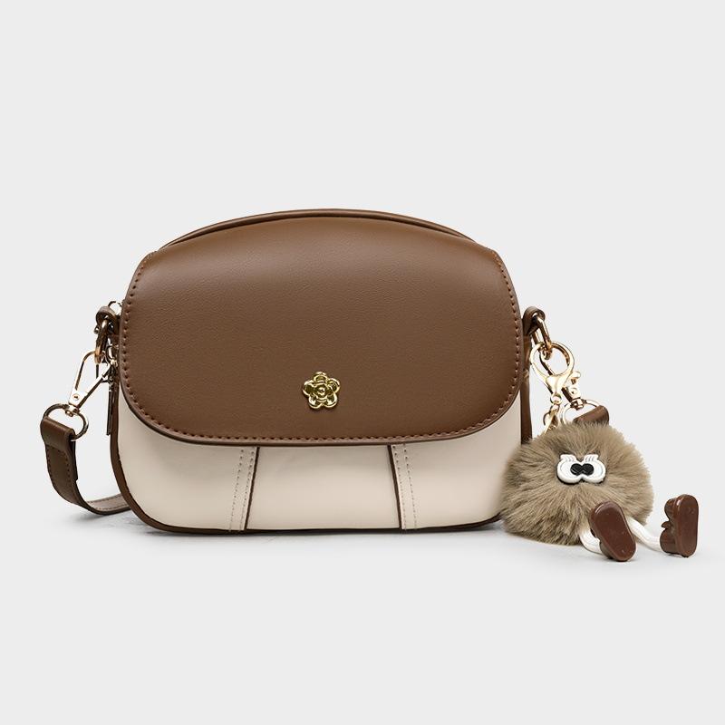Color Blocking Small Round Bag for Women's Korean Fashion Crossbody Bag, High-end Soft Leather Phone Bag, Mini Versatile Design