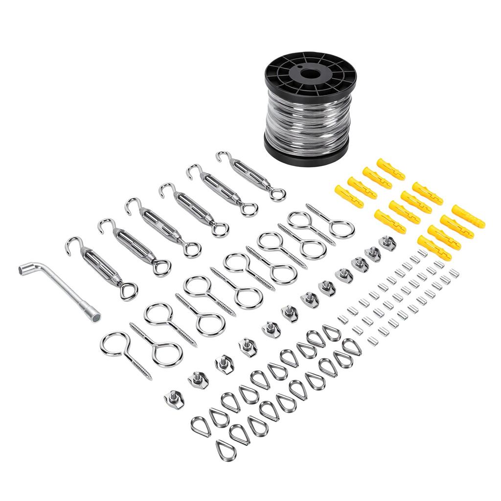 Wire Rope Crimping Tool Kit 60M 2mm 304 Stainless Steel Cable Eye Bolts Loop Sleeves and Thimbles for Garden Fence