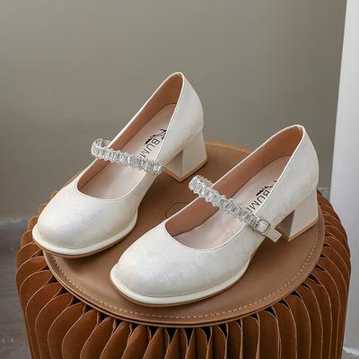 Crystal Flower Women High Heels Shoes 2025 New Trends Shallow Chunky Mary Janes Shoes Autumn Elegant Fashion Dress Pumps Zapatos
