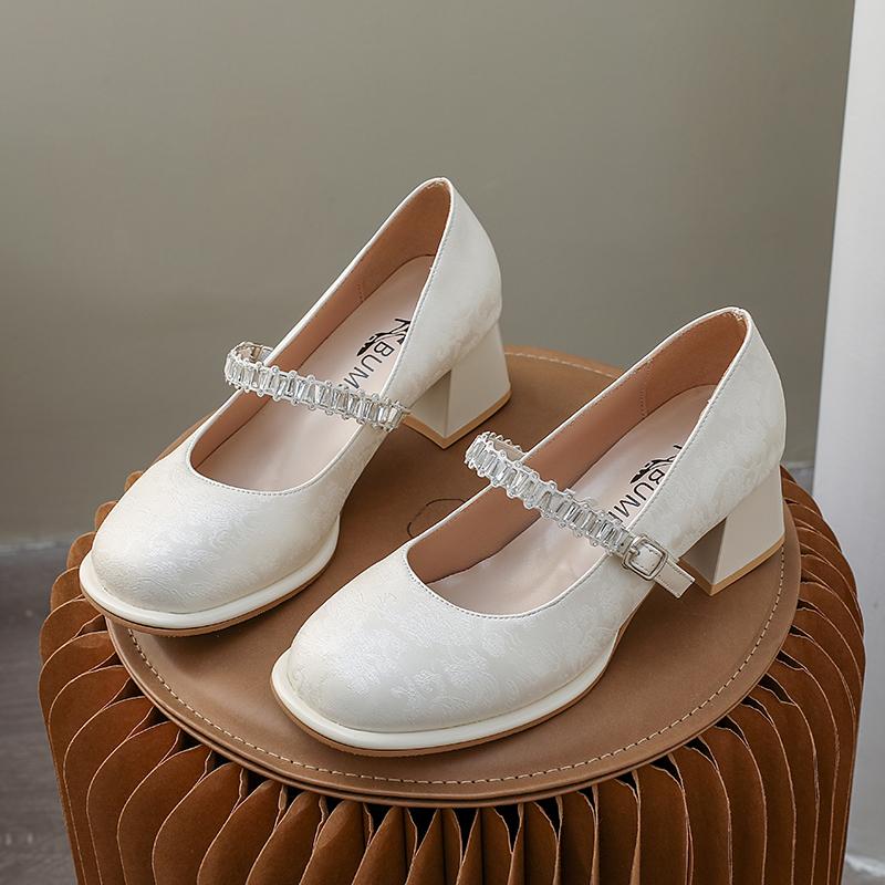 Crystal Flower Women High Heels Shoes 2025 New Trends Shallow Chunky Mary Janes Shoes Autumn Elegant Fashion Dress Pumps Zapatos