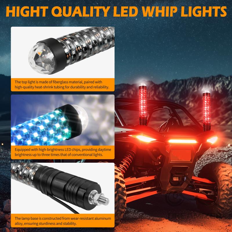 2PCS 1FT RGB LED Antennas With Warning Lights Antenna Led Bar Spiral Sequential Whip Light Off-road And UTV Accessories
