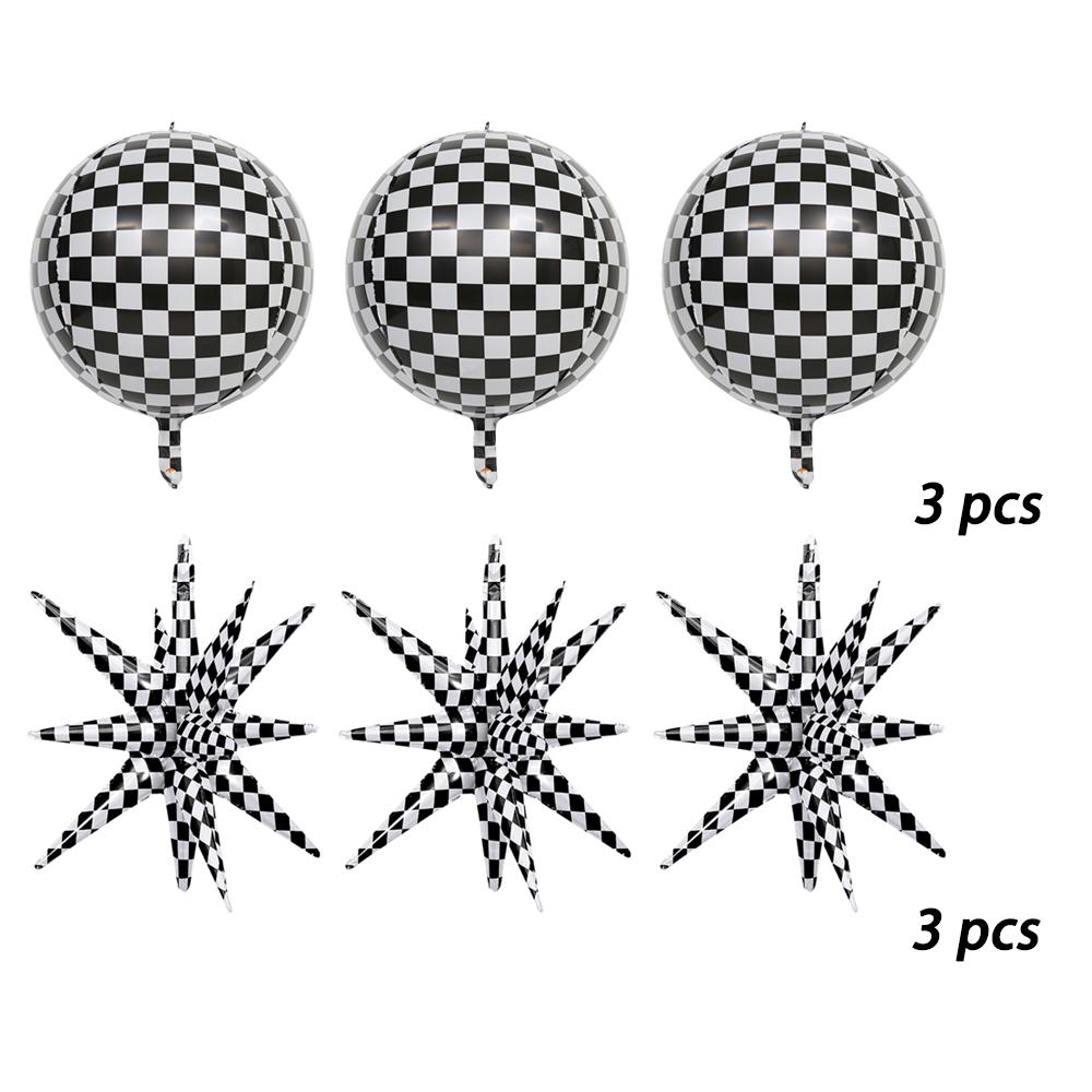 6-Pack 22inch Explosive Star Black and White Checkered Balloons, 4D Black and White Checkered Balloons, Three of Each, 22inch Foil Balloons, Suitable Other