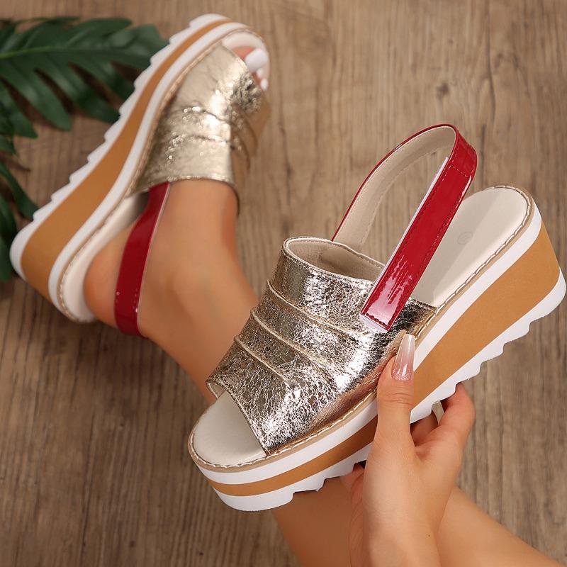 

Large size wedge heel fish mouth sandals women s summer new one-word belt outside wearing beach sandals 43 золотой