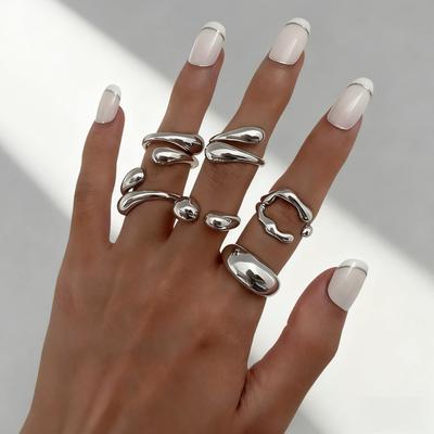 Fashion 6Pcs Irregular Glossy Metal Open Rings for Women Vintage Punk Gold Silver Color Personality Finger Ring Female Jewelry