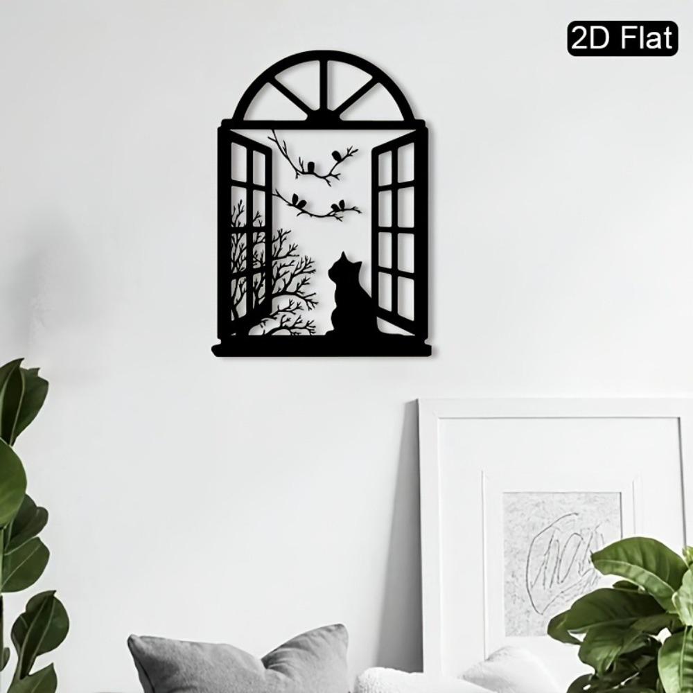 1pc Cat Birds Silhouette Window View Metal Wall Art, Detailed Craftsmanship Artistic Metalwork Sculpture, Housewarming Gift Christmas Decoration