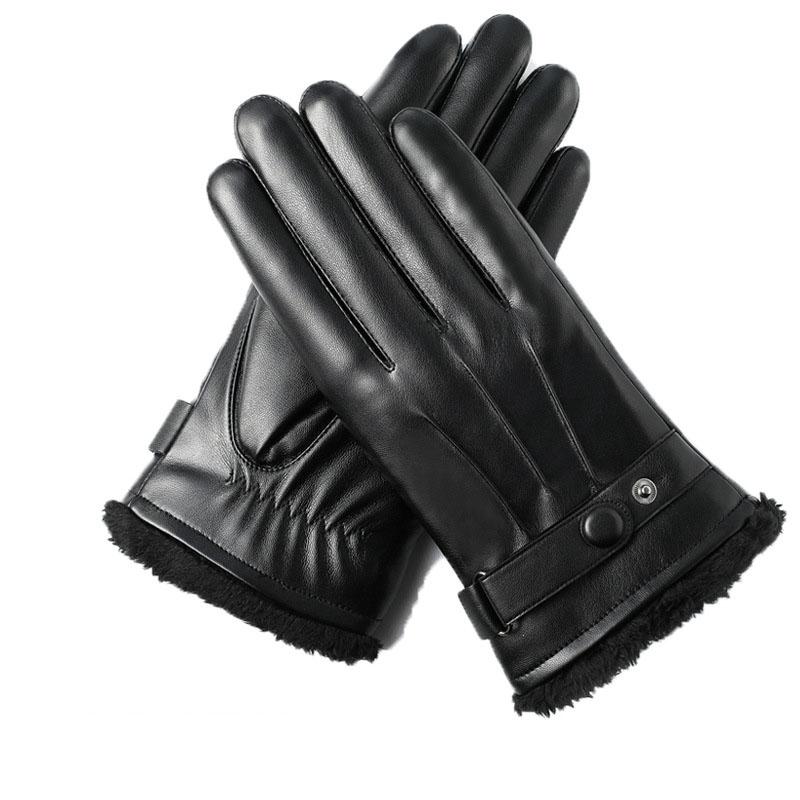 Men Winter Full Finger Gloves PU Leather Protection Riding Gloves Non-slip Touch Screen Gloves Adjustable Button for Outdoor