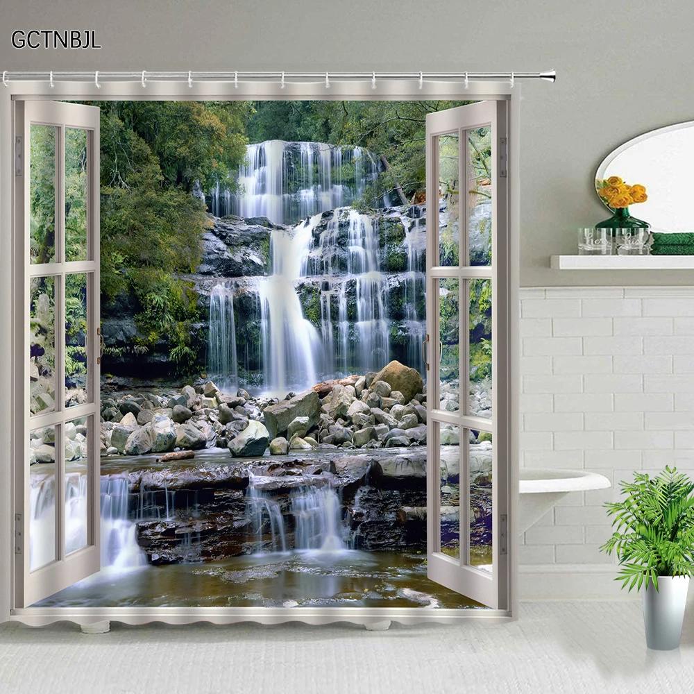 Park Garden Tree Flower Pond Nature Landscape Shower Curtain Bathroom Polyester Waterproof Fabric Curtains Home Bathtub Decor