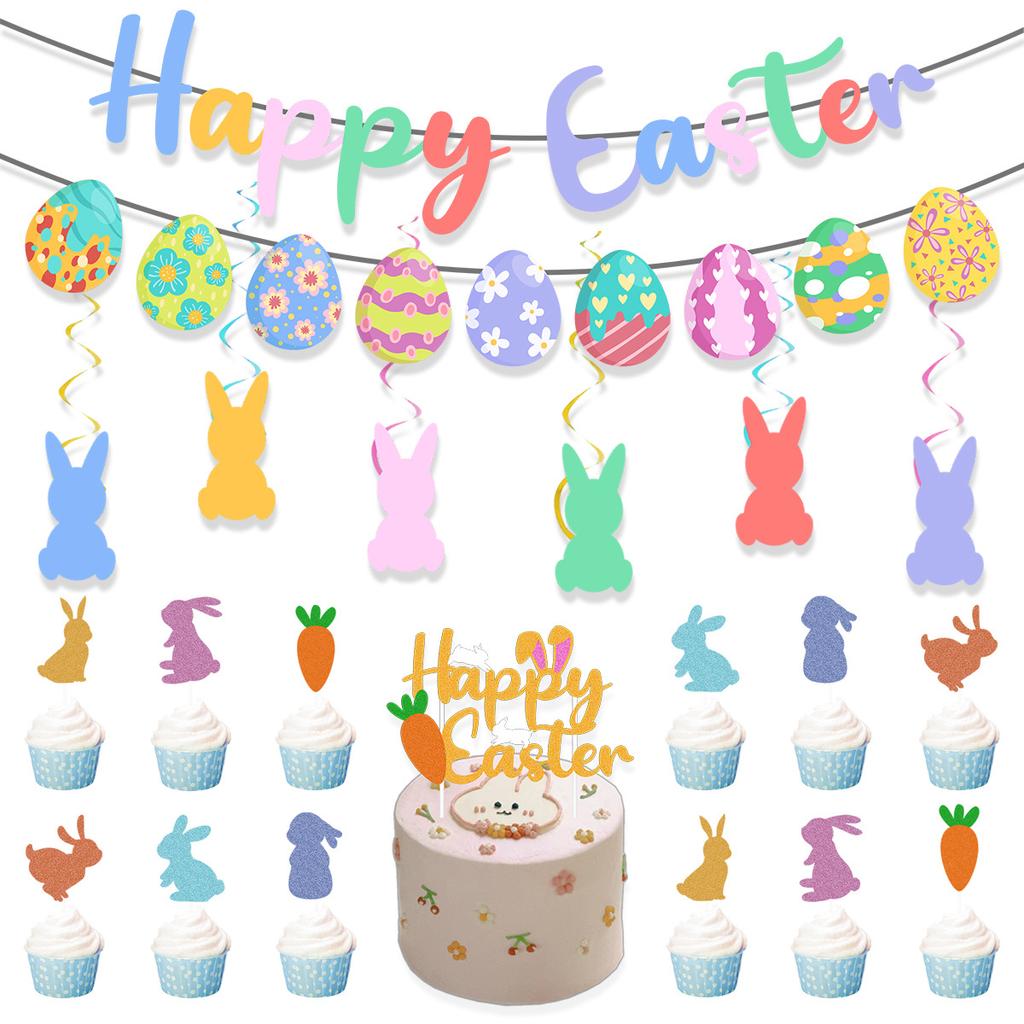 Easter Party Party Decoration Arrangement Easter Egg Rabbit Flag Balloon Spiral Pendant Set