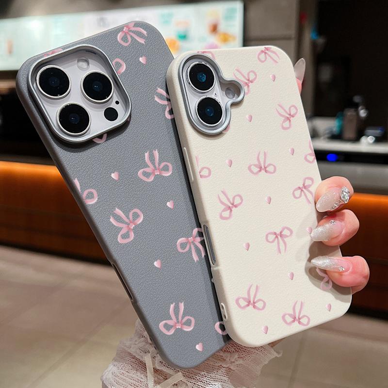 Cute Pink Bow Pattern Phone Case For iPhone 16 15 14 Pro Max 14 Plus 13 12 Pro 11 Shockproof Leather Texture TPU Silicone Cover