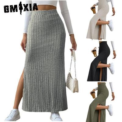 Spring Summer High-waisted Side-slit Fitted Knitted Solid Color Women's Skirt