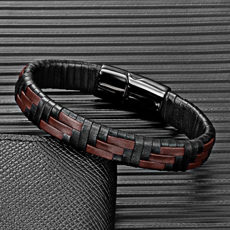 Minimalist Hand Woven Multi- Leather Bracelet Men Black Stainless Steel Magnet Buckle Jewelry Homme Pulseras