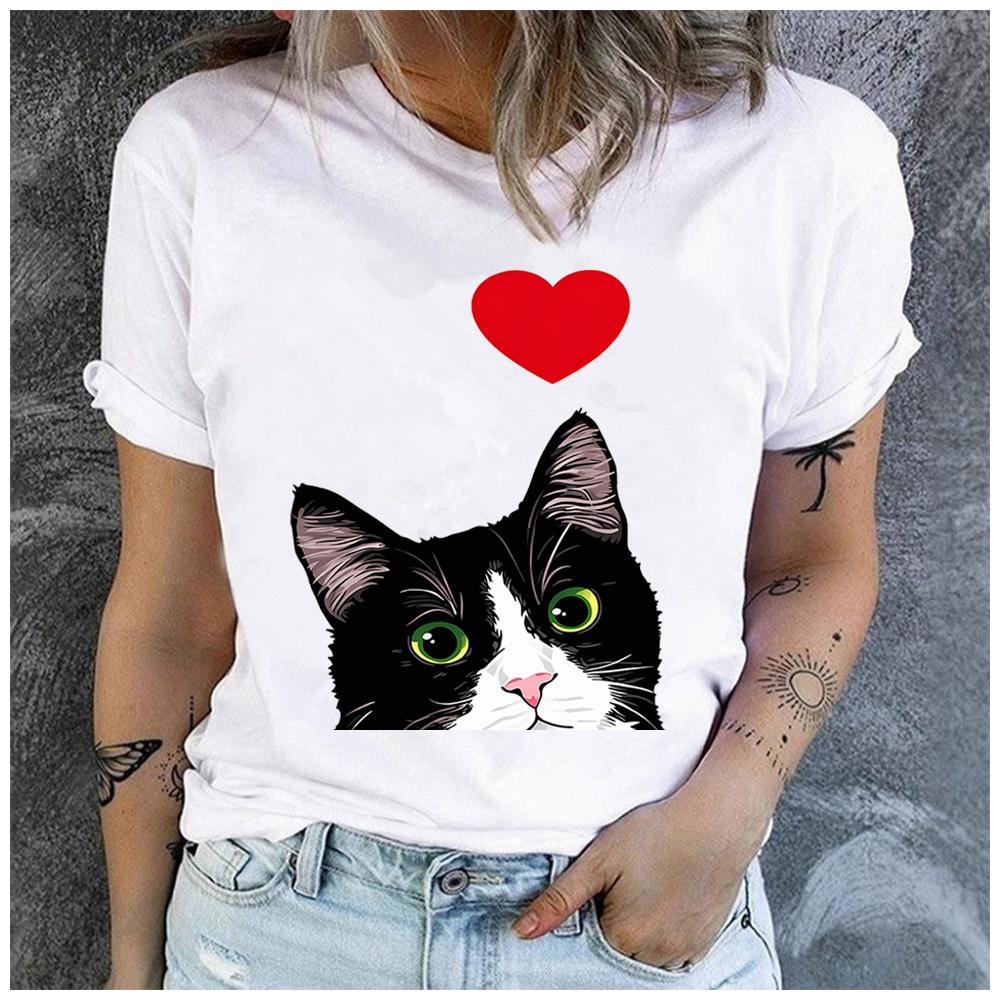Unisex 100% Polyester Cute Black White Heart Cat Print Loose round Neck Casual Short Sleeve T-Shirt Fashion Summer Top