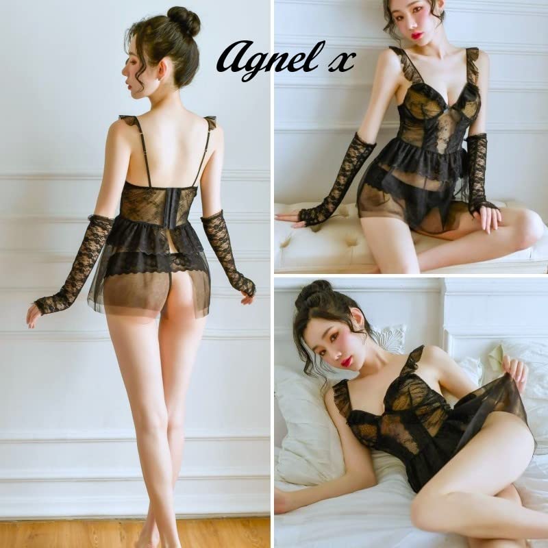 Sexy Lingerie Inner Underwear Nightwear One Piece Setup X053 [Agnel X] See-Through Women's (Free, Black)