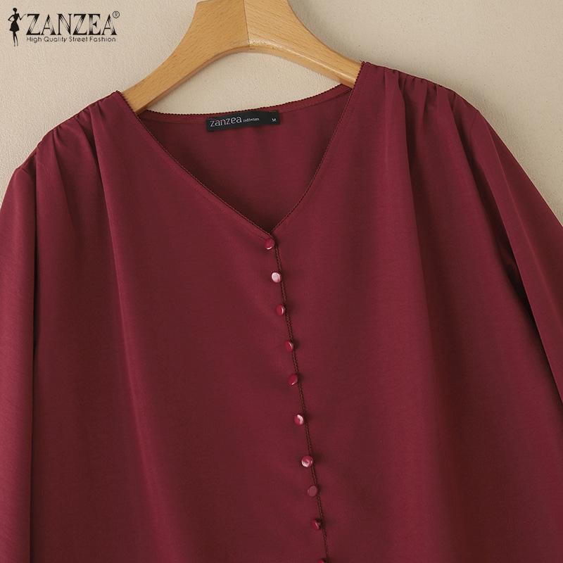 ZANZEA Women Casual V-Neck Solid Color 3/4 Sleeve Loose Blouse