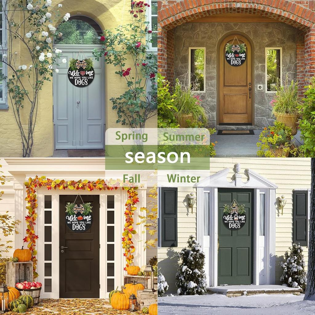 Interchangeable Wooden Seasonal Welcome Sign, Rustic Round Dogs Sign Front Door Wreaths for Home/Wall/Porch Decor, for Easter Spring Summer Fall