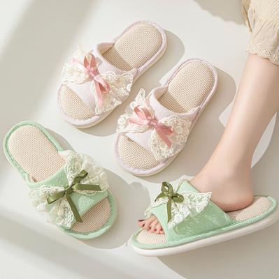 Women's Elegant Lace Bow Linen Slippers Summer Household Indoor Cotton Sandals Soft Comfortable Pink Home Slippers