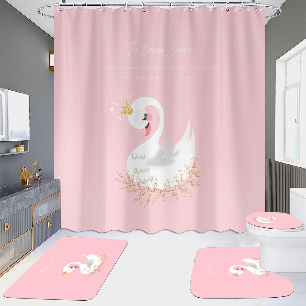 Pink Flamingo Printing Shower Curtain Set For Bathroom Non Slip Lovebird Bath Mat And Curtain Set Bath Rug Toilet Carpet