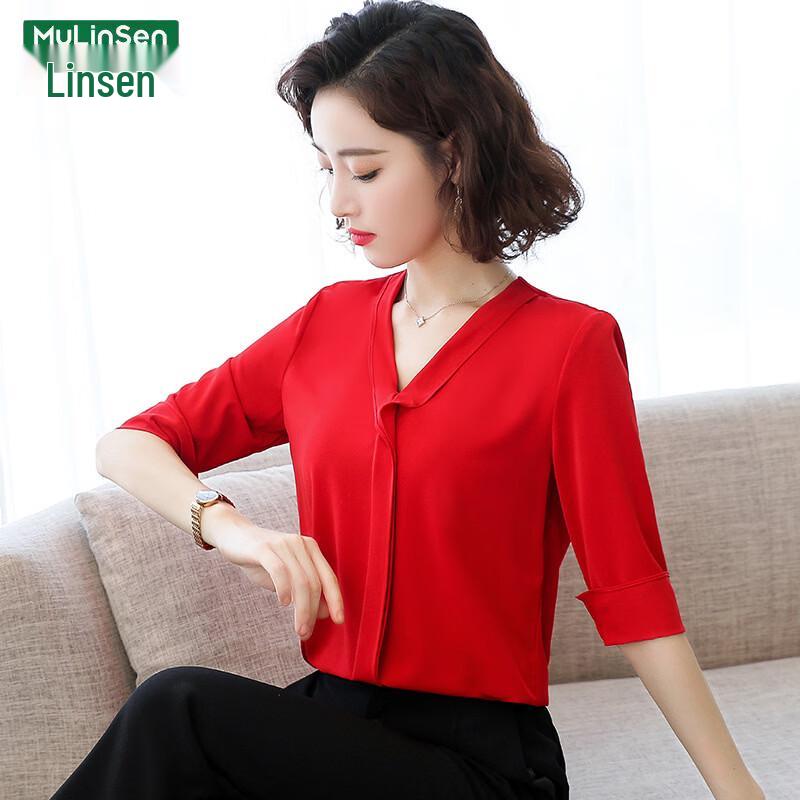 MULINSEN Women s V-Neck Satin Chiffon Blouse M