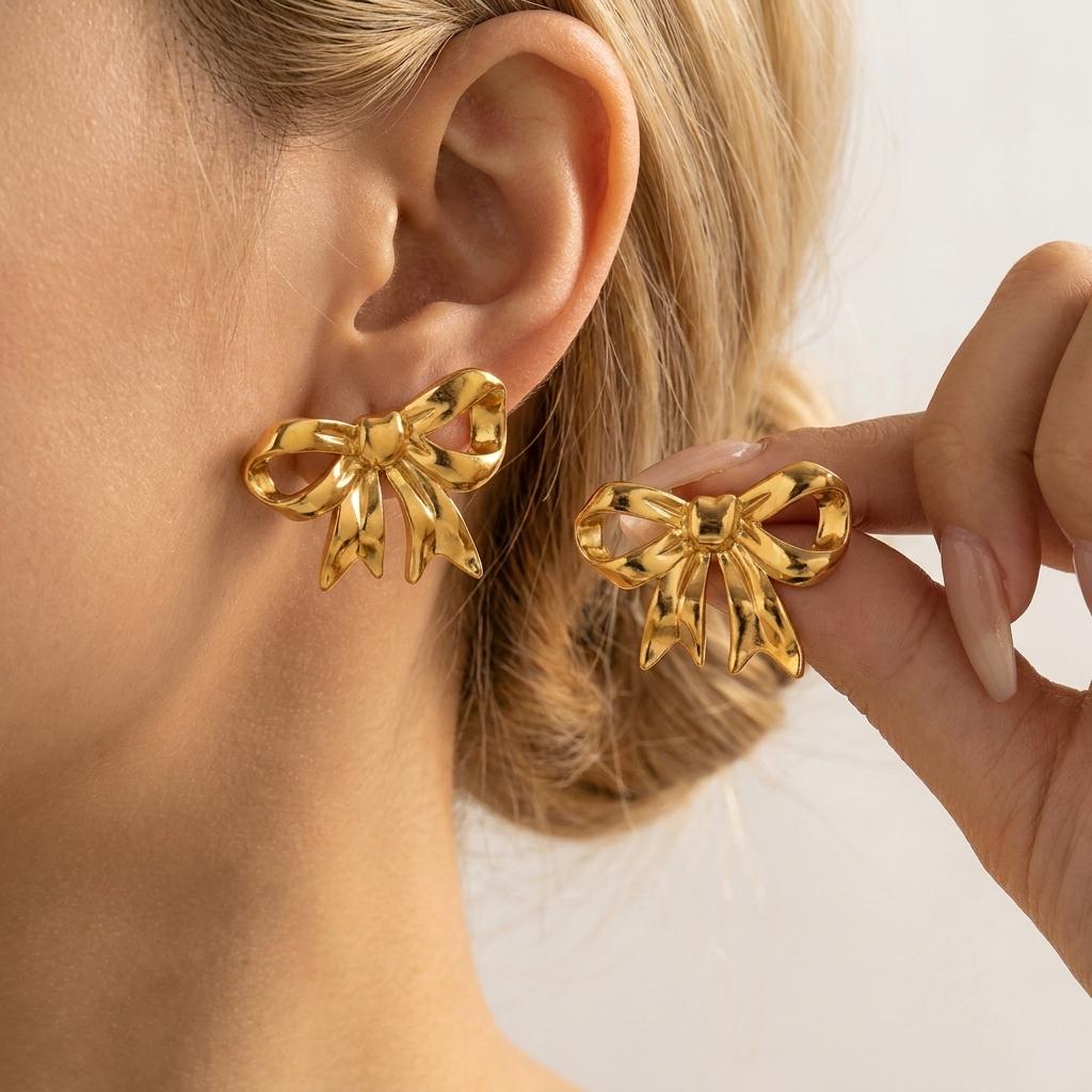 French Style Ribbon Bow Stainless Steel Stud Earrings for Women Elegant Bowknot Gold Plated Earrings Party Jewelry Gift