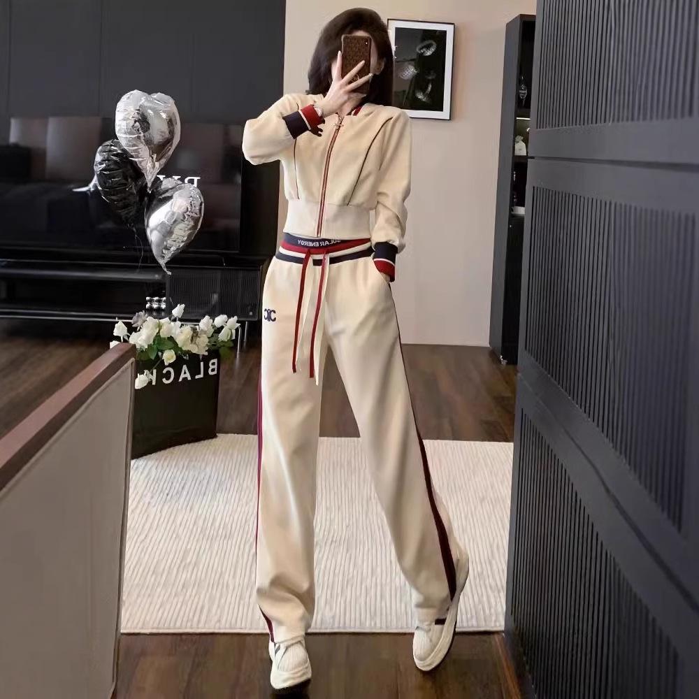 Autumn 2024 Women's Stylish Long-Sleeve Hooded Cardigan & Wide-Leg Pants Two-Piece Suit