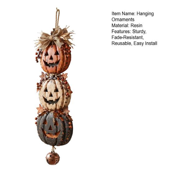 Durable Composite Resin Craft Halloween Stacked Pumpkin Door Hanger, Vintage Jack‑O‑Lantern Wall Hanging Ornament, Farmhouse Fall Home Accents