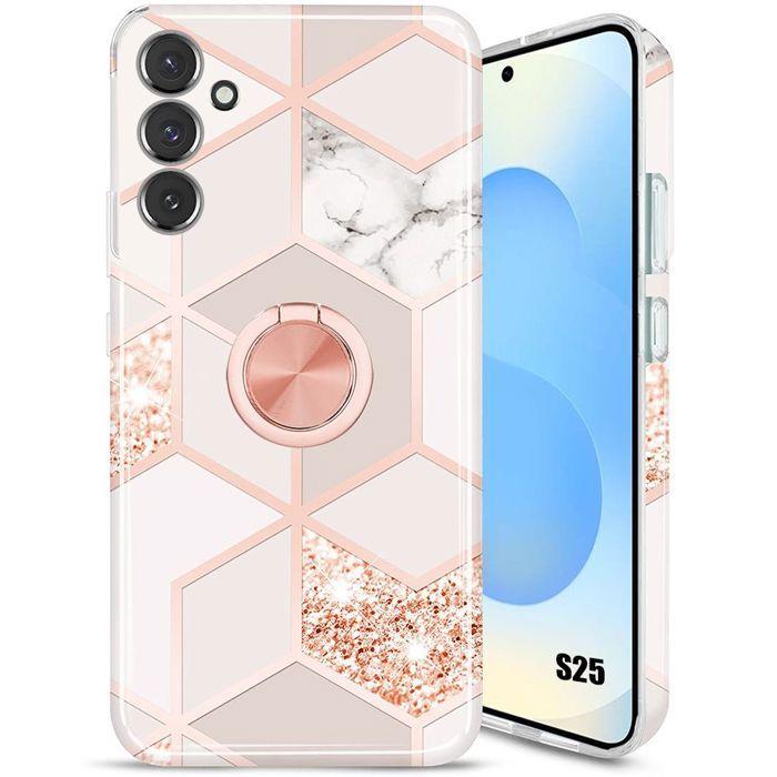 Coque de protection - BOOLING - pour Samsung Galaxy S25 - Marbre rose - Antichoc - Avec anneau rotatif